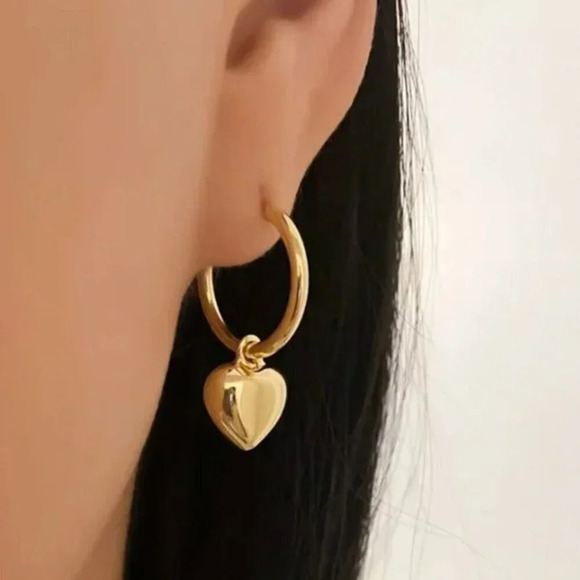 925 Sterling Silver Chunky Heart Hoop Earrings Dangle Heart Huggies - Picture 9 of 9